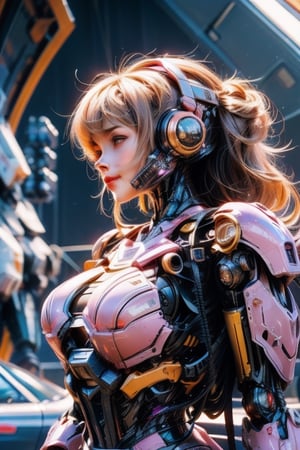8k high_resolution, a girl, light body armor, flying, whole body, fusion with a soft light from the side, spacecraft in the background, cinematic_grain_of_film,wrenchsmechs, glowing,Mecha,1 girl,Pink Mecha,More Detail,Mecha body