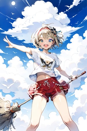 (Plain t-shirt:1.3), red shorts,
Blue sky, clear, summer sky,
Cheerful girl riding on a broom stick, fly among clouds, smiling, mouth open, short hair, hair band, hair ornament, 
beautiful tan eyes, detailed eyes, beautiful face, 
masterpiece, best quality, aesthetic, (dynamic pose:1.3), ,Obsidian_Gold