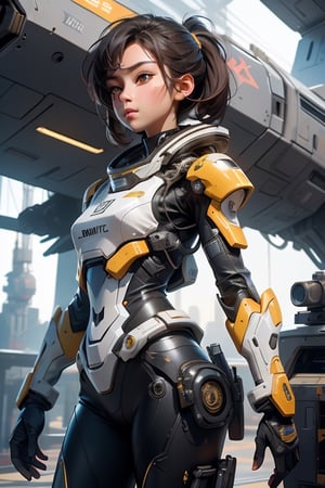8k high_resolution, detailed background, a girl, light body armor, flying, whole body, fusion with a soft light from the side, spacecraft in the background, cinematic_grain_of_film,wrenchsmechs, glowing,Mecha