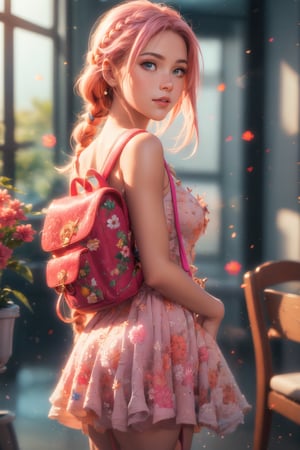 1girl, solo, looking at viewer, face with freckles, blue eyes, hair between eyes, jewelry, cute pink backpack on the back, closed mouth, upper body, pink braid hair, indoors, blurry, lips, blurry background, realistic, red nose,Nice legs and hot body ,sweater dress,3d animation,floral_see_through_dress