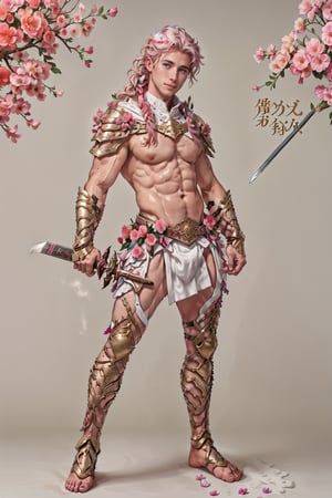 wearing armor, armor, 1man, pink bedroom background, white cover with gold,  wearing mini white skirt, slender boy , shy face  , pink braid hair , cute face , blue eyes, man body, sweaty body , sexy face, pink florest backwards , naked , full male body, male  ,flower4rmor,thicc , well done details, full of details , ,battoujutsu