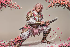 wearing armor, armor, 1man, pink bedroom background, white cover with gold,  wearing white skirt, slender boy , shy face  , pink braid hair , cute face , blue eyes, man body, sweaty body , sexy face, pink florest backwards  , full male body, male  ,flower4rmor,thicc , well done details, full of details , ,battoujutsu
