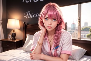 1man, solo, looking at viewer, bangs, blue eyes, hair between eyes, jewelry, closed mouth, upper body, pink braid hair, indoors, mole, blurry, pink bedroom background, lips, blurry background, realistic, nose,Nice legs and hot body ,school uniform ,