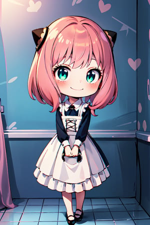 1girl, cute girl, chibi character, chibi. bathroom background. she wears a fancy maid uniform, long blue hair.blue eyes,full body character. masterpiece. she is happy, smiling. Himecut hairstyle, masterpiece, hearts on the sides. loooking at viewer. Blush, tender smile. ,Chibi,yunjindef,anya