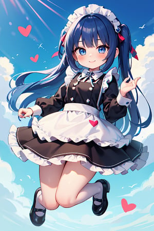1girl, cute girl, chibi character, chibi. Sky background. she wears a fancy maid uniform, long blue hair.blue eyes,full body character. masterpiece. she is happy, smiling. Himecut hairstyle, masterpiece, hearts on the sides. loooking at viewer. Blush, tender smile. ,Chibi,yunjindef