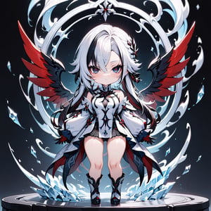 (masterpiece, best quality, absurdres, foreshortening), photo of a highly detailed, (full body:1.2), cute face ,
chibi, (beautiful detailed face), (beautiful detailed eyes),

(solo), genshin impact Arlecchino, white hair, long hair, standing, (Red-cross patterns inside the eyes), icy demeanor, featuring crimson cross-shaped pupils, a solitary red wing protruding from her back, 