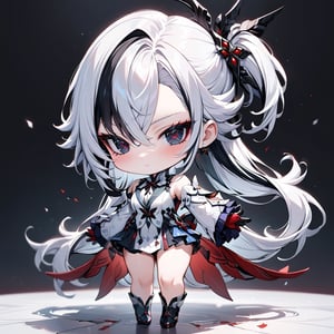(masterpiece, best quality, absurdres, foreshortening), photo of a highly detailed, (full body:1.2), cute face ,
chibi, (beautiful detailed face), (beautiful detailed eyes),

(solo), genshin impact Arlecchino, white hair, oneside long hair, standing, Red-cross inside the eyes,