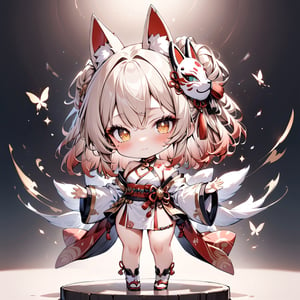 (masterpiece, best quality, absurdres, foreshortening), photo of a highly detailed, (full body:1.2), cute face ,
chibi, (beautiful detailed face), (beautiful detailed eyes),

(solo), sparkle (HSR), standing, 1girl, betterHands, RED GOLD-TRIMMED KIMONO, O-RING HALTERNECK, HAIR ORNAMENTS, MOLE UNDER BOTH EYES, RED STRING, FLOWER TATTOO, NECK BELL, FOX MASK ON HEAD, BUTTERFLY-SHAPED PUPILS, BROWN GRADIENT HAIR, 