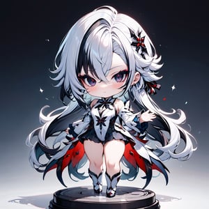 (masterpiece, best quality, absurdres, foreshortening), photo of a highly detailed, (full body:1.2), cute face ,
chibi, (beautiful detailed face), (beautiful detailed eyes),

(solo), genshin impact Arlecchino, white hair, oneside long hair, standing, Red-cross inside the eyes,