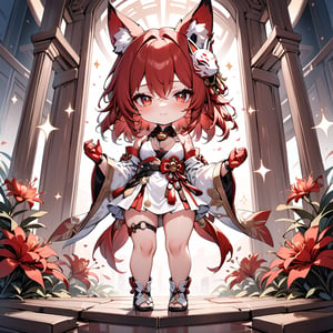 (masterpiece, best quality, absurdres, foreshortening), photo of a highly detailed, (full body:1.2), cute face ,
chibi, (beautiful detailed face), (beautiful detailed eyes),

(solo), sparkleHSR, standing, 1girl, betterHands, red gold-trimmed kimono, o-ring halterneck, hair ornaments, mole under both eyes, red string, flower tattoo, neck bell, fox mask on head, butterfly-shaped pupils, brown gradient hair, red spider lily, sparkle \(honkai: star rail\)