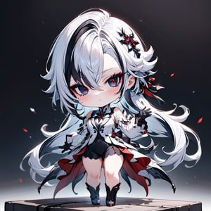 (masterpiece, best quality, absurdres, foreshortening), photo of a highly detailed, (full body:1.2), cute face ,
chibi, (beautiful detailed face), (beautiful detailed eyes),

(solo), genshin impact Arlecchino, white hair, long hair, standing, Red-cross patterns inside the eyes,