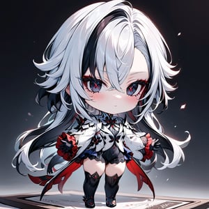 (masterpiece, best quality, absurdres, foreshortening), photo of a highly detailed, (full body:1.2), cute face ,
chibi, (beautiful detailed face), (beautiful detailed eyes),

(solo), genshin impact Arlecchino, white hair, long hair, standing, Red-cross patterns inside the eyes,