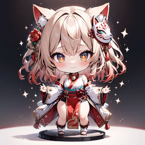 (masterpiece, best quality, absurdres, foreshortening), photo of a highly detailed, (full body:1.2), cute face ,
chibi, (beautiful detailed face), (beautiful detailed eyes),

(solo), sparkle (HSR), standing, 1girl, betterHands, RED GOLD-TRIMMED KIMONO, O-RING HALTERNECK, HAIR ORNAMENTS, MOLE UNDER BOTH EYES, RED STRING, FLOWER TATTOO, NECK BELL, FOX MASK ON HEAD, BUTTERFLY-SHAPED PUPILS, BROWN GRADIENT HAIR, 
