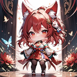 (masterpiece, best quality, absurdres, foreshortening), photo of a highly detailed, (full body:1.2), cute face ,
chibi, (beautiful detailed face), (beautiful detailed eyes),

(solo), sparkle \(honkai: star rail\), standing, 1girl, betterHands, red gold-trimmed kimono, o-ring halterneck, hair ornaments, mole under both eyes, red string, flower tattoo, neck bell, fox mask on head, butterfly-shaped pupils, brown gradient hair, red spider lily,