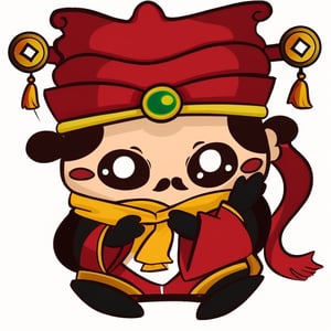 (1st boy),boy,red hat,hanfu,(White background), (SUPER CHIBI), chibi, full_body, Standing posture,chibi,walhing,(Wear a scarf),(wear gloves),happy,
