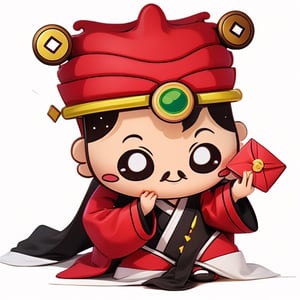 (1st boy),boy,red hat,hanfu,(White background), (SUPER CHIBI), chibi, full_body, Standing posture,chibi,（take the red envelope and Money）,smile