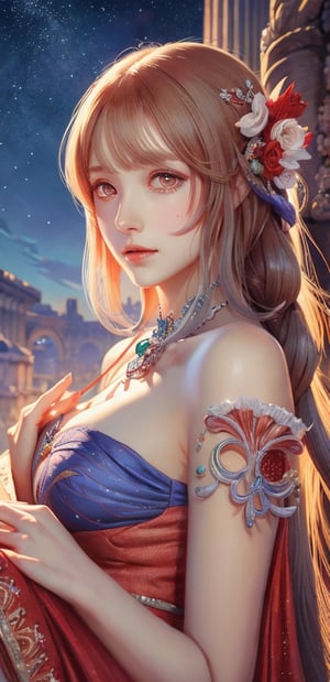 ((masterpiece)), ((best quality)), ((illustration)), extremely detailed,style girl, long shot, small breast,light white very_long_hair,  hair ornaments, beautiful detailed deep eyes, beautiful detailed sky, beautifuldetailed  cinematic lighting, red dress,Painting, ancient rome, ,venti (genshin impact),sangonomiya kokomi (sparkling coralbone)
