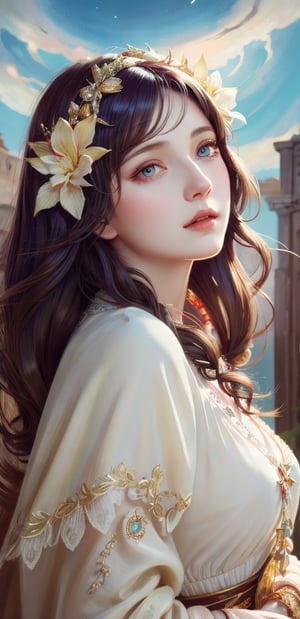 ((masterpiece)), ((best quality)), ((illustration)), extremely detailed,style girl, long shot, small breast,light white very_long_hair,  hair ornaments, beautiful detailed deep eyes, beautiful detailed sky, beautifuldetailed  cinematic lighting, red dress,Painting, ancient rome, ,venti (genshin impact)