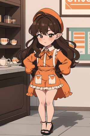 stout, short, young, dwarf, light skin, halfling, long hair, curly dark brown hair, female, (masterpiece) , round face, shy, pointy ears, stewardess, blush, uniform, high heels, hat, capelet, mantle, ruffle compatible, half_apron, brown_eyes, browneyes, nervous, airship, short_legs, short legs, tiny, ,ichinose shiki, brown eyes, dark eyes, dark hair, long skirt, long sleeves, short torso, child, very long skirt,Wide hips, hat, chibi, super_deformed, cafe, barista, idolmaster, long dress, over the knee dress, office lady, wide hips, poofy sleeves, gloves, frilly_dress, orange uniform, orange clothes, orange dress,ahoge, red bowtie, long skirt, very long skirt, very long dress,plump