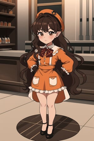 stout, short, young, dwarf, light skin, halfling, long hair, curly dark brown hair, female, (masterpiece) , round face, shy, pointy ears, stewardess, blush, uniform, high heels, hat, capelet, mantle, ruffle compatible, half_apron, brown_eyes, browneyes, nervous, airship, short_legs, short legs, tiny, ,ichinose shiki, brown eyes, dark eyes, dark hair, long skirt, long sleeves, short torso, child, very long skirt,Wide hips, hat, chibi, super_deformed, cafe, barista, idolmaster, long dress, over the knee dress, office lady, wide hips, poofy sleeves, gloves, frilly_dress, orange uniform, orange clothes, orange dress,ahoge, red bowtie, long skirt, very long skirt, very long dress,plump, floor length dress