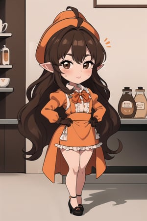 stout, short, young, dwarf, light skin, halfling, long hair, curly dark brown hair, female, (masterpiece) , round face, shy, pointy ears, stewardess, blush, uniform, high heels, hat, capelet, mantle, ruffle compatible, half_apron, brown_eyes, browneyes, nervous, airship, short_legs, short legs, tiny, ,ichinose shiki, brown eyes, dark eyes, dark hair, long skirt, long sleeves, short torso, child, very long skirt,Wide hips, hat, chibi, super_deformed, cafe, barista, idolmaster, long dress, over the knee dress, office lady, wide hips, poofy sleeves, gloves, frilly_dress, orange uniform, orange clothes, orange dress,ahoge, red bowtie, long skirt, very long skirt, very long dress,plump