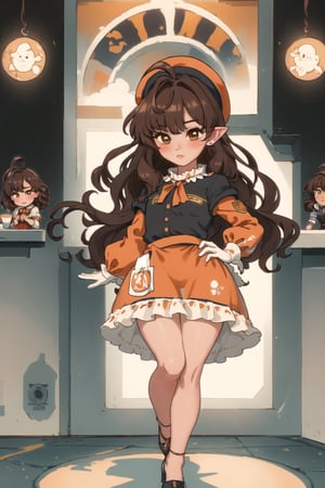 stout, short, young, dwarf, light skin, halfling, long hair, curly dark brown hair, female, (masterpiece) , round face, shy, pointy ears, stewardess, blush, uniform, high heels, hat, capelet, mantle, ruffle compatible, half_apron, brown_eyes, browneyes, nervous, airship, short_legs, short legs, tiny, ,ichinose shiki, brown eyes, dark eyes, dark hair, long skirt, long sleeves, short torso, child, very long skirt,Wide hips, hat, chibi, super_deformed, cafe, barista, idolmaster, long dress, over the knee dress, office lady, wide hips, poofy sleeves, gloves, frilly_dress, orange uniform, orange clothes, orange dress,ahoge, red bowtie, long skirt, very long skirt, very long dress