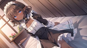1girl, solo,medium_hair,small breasts,brown-hair,hair rings,maid_dress,black skirt,frills,hairband,collar,pointy ears,blue eyes,high quality, high details, best quality, highres, masterpiece, ccurate,dark skin,tan,dutch angle,flustered