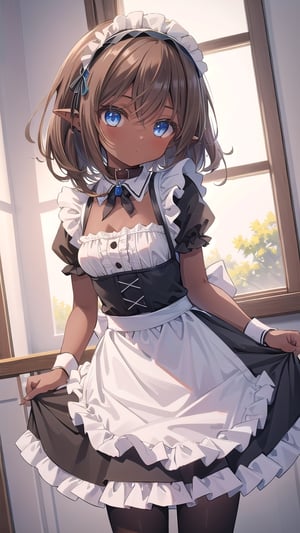1girl, solo,medium_hair,small breasts,brown-hair,hair rings,maid_dress,black skirt,frills,hairband,collar,pointy ears,blue eyes,high quality, high details, best quality, highres, masterpiece, ccurate,dark skin,tan,dutch angle,pain 