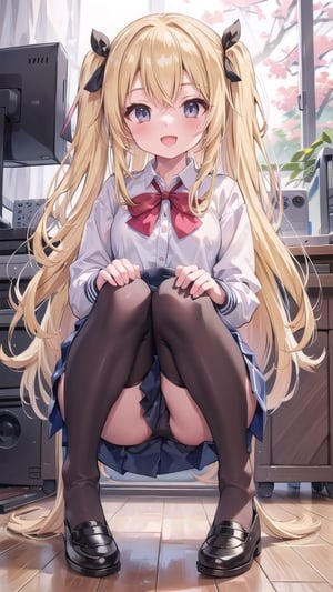 1girl, solo, long hair, blush, smile, open mouth, skirt, blonde hair, ribbon, very long hair, school uniform, open eyes, two side up, computer, monitor,high quality,highres,high details,best quality,4K,black thighhigh,no shoes,full body,squat,sitting