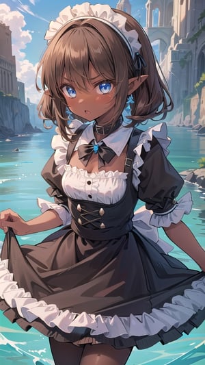 1girl, solo,medium_hair,small breasts,brown-hair,hair rings,maid_dress,black skirt,frills,hairband,collar,angry,pointy ears,blue eyes,high quality, high details, best quality, highres, masterpiece, ccurate,dark skin,tan,water mahou