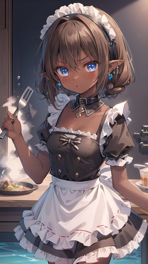1girl, solo,medium_hair,small breasts,brown-hair,hair rings,maid_dress,black skirt,frills,hairband,collar,angry,pointy ears,blue eyes,high quality, high details, best quality, highres, masterpiece, ccurate,cooking,dark skin,tan,water mahou