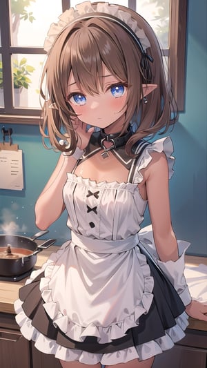 1girl, solo,medium_hair,small breasts,brown-hair,hair rings,maid_dress,black skirt,frills,hairband,collar,emotionless,unconscious,empty eyes,dilated pupils,pointy ears,blue eyes,high quality, high details, best quality, highres, masterpiece, ccurate,cooking,dark skin,tan,