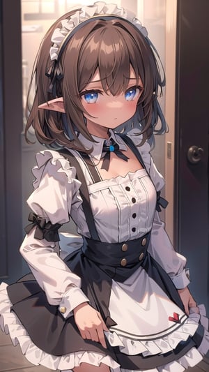 1girl, solo,medium_hair,small breasts,brown-hair,hair rings,maid_dress,black skirt,frills,hairband,collar,emotionless,unconscious,empty eyes,dilated pupils,pointy ears,blue eyes,high quality, high details, best quality, highres, masterpiece, ccurate,walking,dark skin,tan