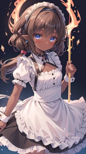 1girl, solo,medium_hair,small breasts,brown-hair,hair rings,maid_dress,black skirt,frills,hairband,collar,pointy ears,blue eyes,high quality, high details, best quality, highres, masterpiece, ccurate,fire mahou,dark skin,tan,