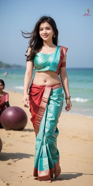 "Generate an image of the ultimate girl adorned in odissi dance saree, strolling gracefully along a sun-kissed beach,  smile, large_boobs, big_breasts, sexy, large_sexy_ball_boobs, odissi saree