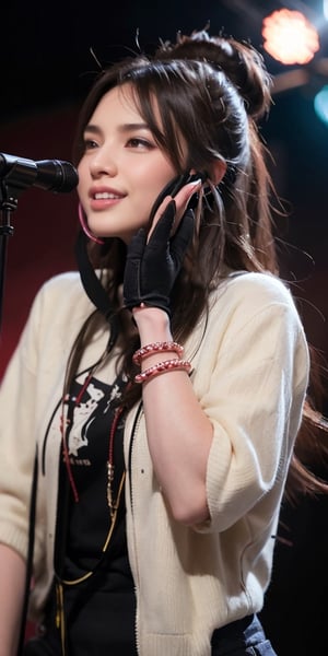 1girl, bracelet, long_hair, jewelry, black_hair, pantyhose, motion_blur, smile, a girl with a hearing aid and microphone stands on stage, her eyes sparkling with anticipation, as she prepares to share her story with the world.