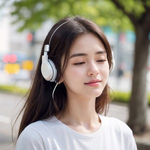 1girl, solo, black_blonde_hair, long_hair, headphones, realistic, shirt, look_at_viewer, blue_eyes, lips, blurry, upper_body, white_shirt, closed_mouth, smile, body is front on camera, straight_body, fell the song expression, closed_eyes, 