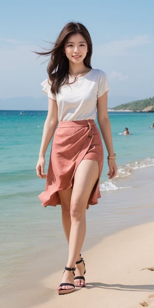 "Generate an image of the ultimate girl adorned in a stylish skirt and sandals, strolling gracefully along a sun-kissed beach, 