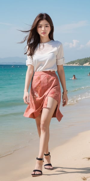 "Generate an image of the ultimate girl adorned in a stylish skirt and sandals, strolling gracefully along a sun-kissed beach, high_resolution, high quality, 32k