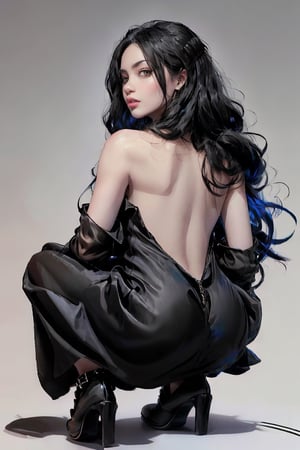 1girl, solo, high_heels, dress, long_hair, squatting, black_dress, black_hair, realistic, backless_outfit, looking_at_viewer, shadow, lips, black_footwear, backless_dress, bare_shoulders, blue_background, breasts, full_body, nose, 20 years old
