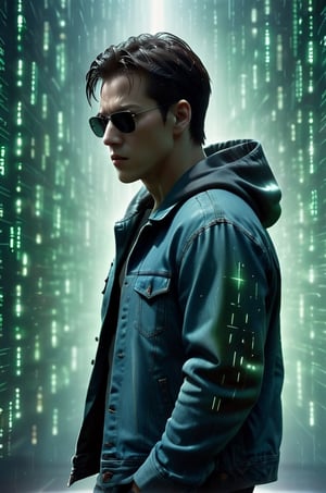 Matrix Code Effect, A man wearing a jean jacket hoodie with his face hidden, Dramatic lighting, Hyper resolution, Insanely detailed, HD, Hyper detailed, Batik, 10k photo realism, Datamoshing style,