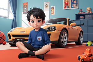 This little boy sitting in his room  in mat with play things in back side and playing with sports car  in his hand and with some other cars, black color socks in both legs. The boy should look more young. boy should have sports car in hand