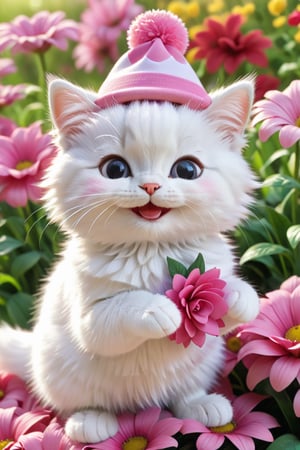 cute white cat, wearing a pink hat ,smile, hyper realistic soft toy on a flower garden background, very cute, happy and beautiful, cute detailed illustration expressing joy, fully dressed, tiny, cute scene, stunning, tiny detail, fluffy, beautiful art, 3d render, cinematic,cute cartoon 