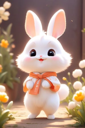 Xxmix_Catecat, a bunny, spring, a white bunny, smile, wearing Cotton shirt, head-to-body ratio of 1:9, long ears, long legs, Personified standing, chibi, cute cartoon, no hair ,disney style