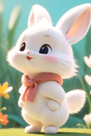 Xxmix_Catecat, a bunny, spring, a white bunny, smile, wearing Cotton shirt, head-to-body ratio of 1:9, long ears, long legs, Personified standing, chibi, cute cartoon, no hair ,disney style