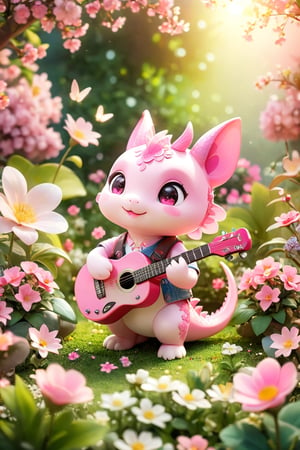 Chibi mascot includes the best quality, Beautiful soft light, (beautiful and delicate eyes), very detailed, A cute little pink dragon hatchling, playing the guitar in the flowers bloom garden, full body, real photo, cinematic,Xxmix_Catecat, lighting bokeh and flowers bokeh as background