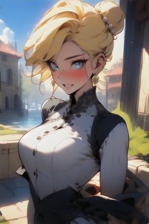Pretty and charming girl. She wears a very elegant noblewoman oufit. She is a very cute girl. Hyperdetailing masterpiece, hyperdetailing skin, masterpiece quality, with 4k resolution. Charming smile. Short hair, himecut hairstyle, blonde hair. Mansion in background. She belongs to the nobility. bun hairstyle. tender and charming smile.