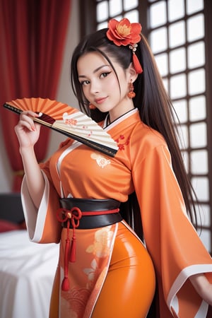 score_9, score_8_up, score_7_up, score_6_up, score_5_up, score_4_up
Chinese-style costume, orange costume, holding a folding fan, female boss, long hair, chinese dragon,