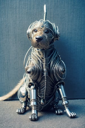 a cute dog made out of metal, (cyborg:1.1), ([tail | detailed wire]:1.3), (intricate details), hdr, (intricate details, hyperdetailed:1.2), cinematic shot, vignette, centered