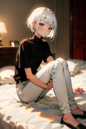(masterpiece, best quality), 1girl with short white hair sitting on a bed, bedroom, her hand on her knees, warm lighting, black shirt, short sleeves, turtleneck, skinny pants, white pants, blurry foreground, girl